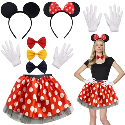 Sunshine smile Maus Mouse Kostüm,Mouse Kostüm,Mouse Kostüm Damen Zubehör,Mouse Tutu Rock Haarreifen,Mini Maus Karneval Kostüm Damen Fasching mit Rock Punkte,Mickey Maus Ohren,Handschuhe,Fliege von Sunshine smile