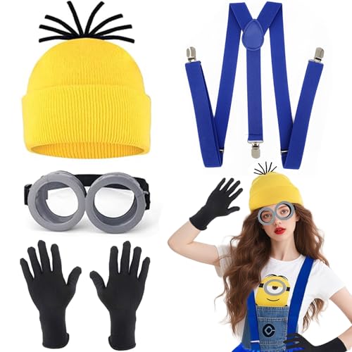 Sunshine smile Minion Kostüm Zubehör,Gelbes Kostüm set für cosplay,1 Brille Gelbe 1 Mütze 1 Schwarze Handschuhe Set,Schwarze Handschuhe und Gelbe Beanie Hüte, für Damen Herren Kinder von Sunshine smile