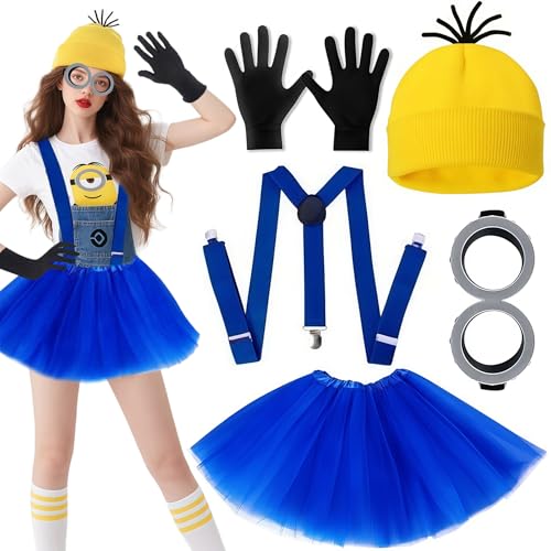 Sunshine smile Minion Kostüm Zubehör,Gelbes Kostüm set für cosplay,1 Brille Gelbe 1 Mütze 1 Schwarze Handschuhe Set,Schwarze Handschuhe und Gelbe Beanie Hüte, für Damen Herren Kinder von Sunshine smile