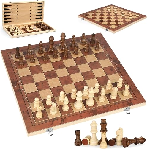 Backgammon,Schachspiel Holz,Schachspiel aus Holz,3 in 1,Tragbare Holz Schachbrett,Chess Board Set klappbar,Schachspiel Für Party Familie Aktivitäten,Schach Schachbrett Holz hochwertig,Schachspiel von Sunshine smile