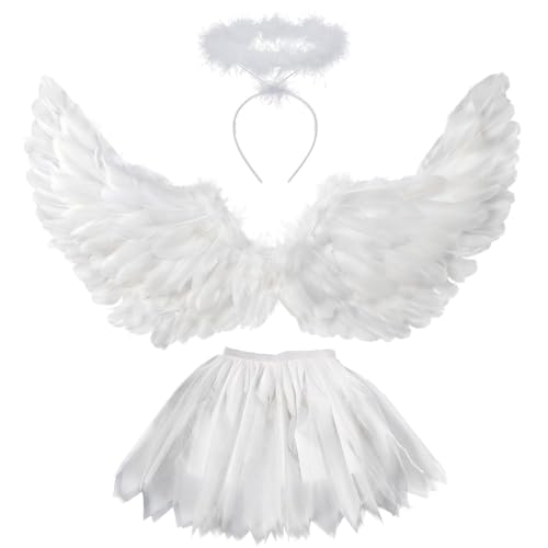 Sunshine smile Weiß Engel Kostüm Erwachsene,3 Stück Weiß Engel Kostüm Damen,60cm Engel Flüge,70-110cm Tüllrock Damen,engel Flügel damen,Engelsflügel Erwachsene,Tutu-Rock,Engelsflügel Kinder von Sunshine smile