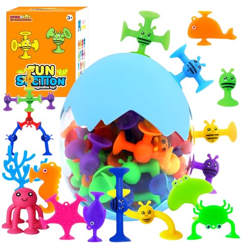 Saugnapf Spielzeug Kinder 50 Stück Silikon Saugnapf Badespielzeug Montessori Spielzeug ab 3 Jahre Sensorik Spielzeug mit Dinosauriereier für 3 4 5 6 Jahre Jungen Mädchen von Sunshinestar