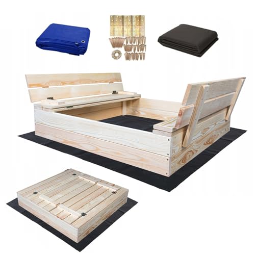 Magus Sandkasten 100x100 cm Unbehandelt Premium Sandbox mit Abdeckung Sitzbänken Deckel Plane Sandkiste Holz Kiefer Sandkastenvlies (100x100 cm Natur-Unbehandelt) von Sunwood