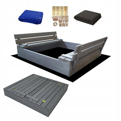 Magus Sandkasten 120 x 120 Imprägniert Premium Sandbox mit Abdeckung Sitzbänken Deckel Plane Sandkiste Holz Kiefer Sandkastenvlies XL XXL von Sunwood
