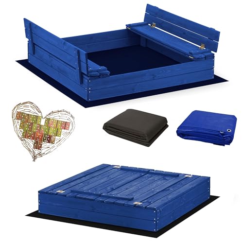 Magus Sandkasten Imprägniert Blau120 x 120 Premium Sandbox mit Abdeckung Sitzbänken Deckel Plane Sandkiste Holz Kiefer Sandkastenvlies XL XXL von Sunwood