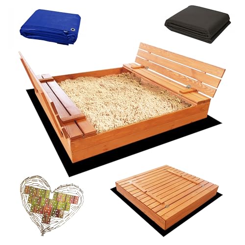 Sunwood Sandkasten Imprägniert 140x140 cm aus Holz Sandbox mit Abdeckung Sitzbänken Deckel Plane Sandkiste (140x140 cm) von Sunwood