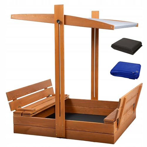 Sandkasten Imprägniert mit Dach Sitzbank iSonnenschutz UV-Schutz Sandbox mit Abdeckung mit Sitzbänken mit Plane Sandkiste Holz 100x100 (100x100 Dach Grau) von Sunwood