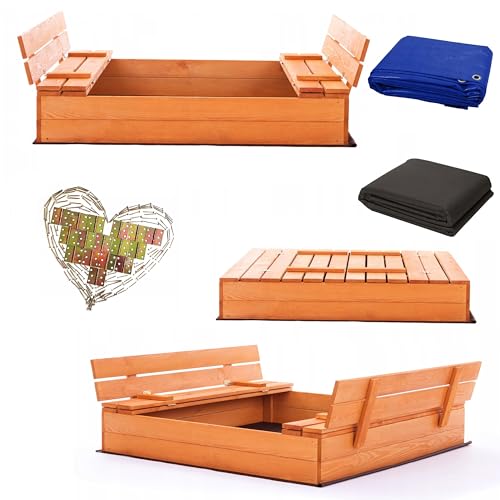 Sandkasten aus Holz 120x120 Imprägniert oder Unbehandelt Sandbox mit Abdeckung Sitzbänken Deckel Plane Sandkiste Sandkastenvlies (120x120 Honig) von Sunwood