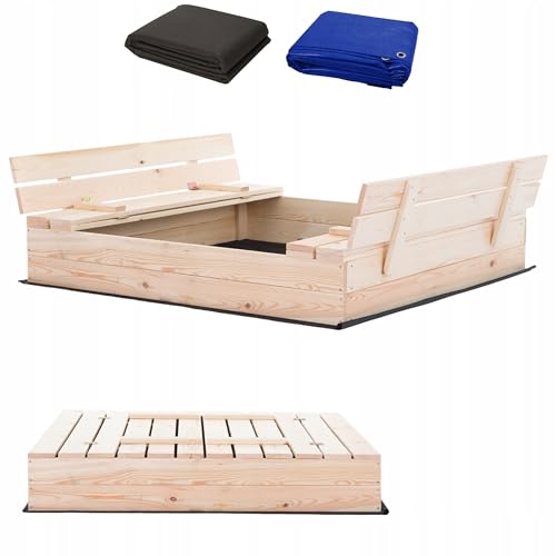 Sandkasten aus Holz 120x120 Imprägniert oder Unbehandelt Sandbox mit Abdeckung Sitzbänken Deckel Plane Sandkiste Sandkastenvlies (120x120 Natur) von Sunwood