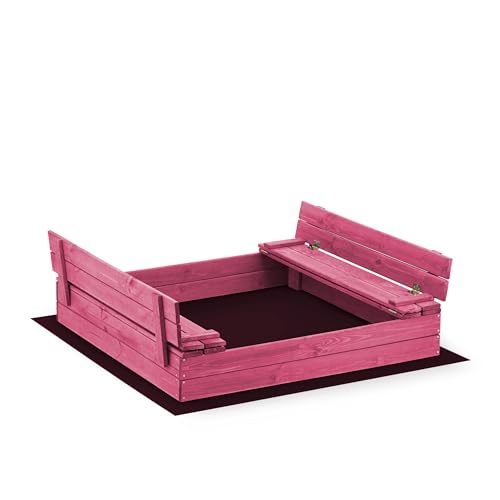 Sandkasten aus Holz 120x120 Imprägniert oder Unbehandelt Sandbox mit Abdeckung Sitzbänken Deckel Plane Sandkiste Sandkastenvlies (120x120 Rosa) von Sunwood