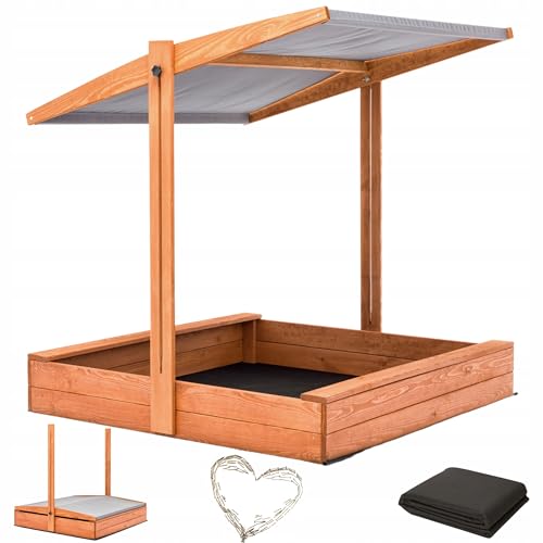 Sandkasten mit Dach 120x120 Imprägniert Modell 2025 mit Sonnenschutz mit UV 100+ Schutz Sandbox mit Sandkastenvlies Holz, Sandkiste Sandbox Anthrazit (120x120 mit Dach Grau) von Sunwood