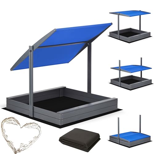 Sandkasten mit Dach 140x140 Imprägniert mit Sonnenschutz mit UV 100+ Schutz Sandbox mit Sandkastenvlies Holz, Sandkiste Sandbox Anthrazit (140x140 Dach Blau) von Sunwood