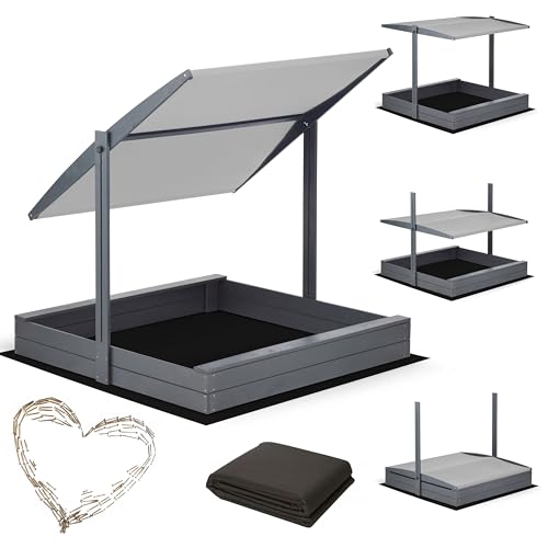 Sandkasten mit Dach Imprägniert mit Sonnenschutz mit UV 100+ Schutz Sandbox mit Sandkastenvlies Holz, Sandkiste Sandbox Anthrazit (140x140 Grau) von Sunwood