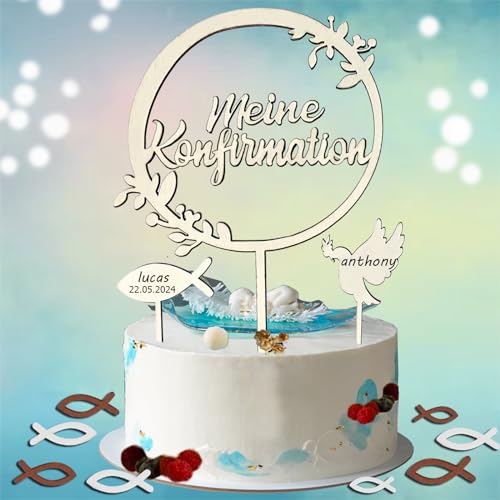 39 Stück Tortendeko Konfirmation Kuchen Deko Junge Mädchen, Tischdeko Kommunion Cake Topper Holzfische Konfirmation Weiß Streudeko Erstkommunion Deko Tischdeko Taufedeko (Flagge + Fisch aus Holz) von Sunwuun
