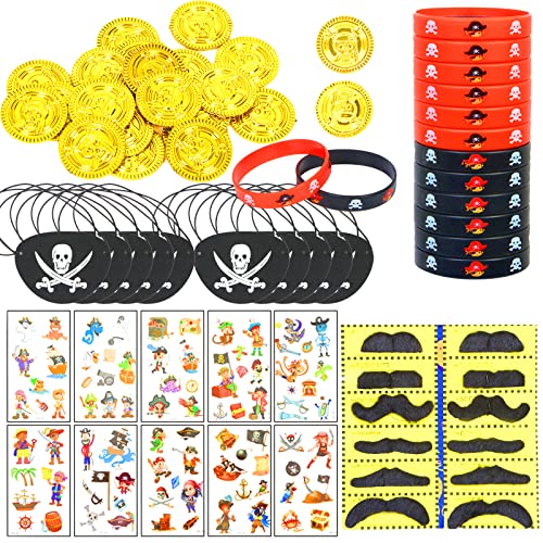 70 Stück Piraten Kindergeburtstag Mitgebsel,Piraten Zubehör Kinder,12 Augenklappe Pirat Kinder+12 Piraten Silikonarmband+24 Gold Piraten Münzen+10 Piraten Tattoo Kinder+12 Selbstklebend Schnurrbart von Sunwuun
