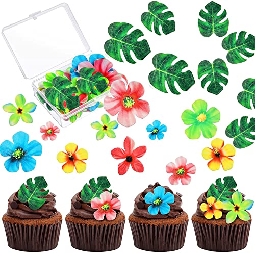 83 Stück Esspapier Tortendeko,35 Stück Essbare Blumen für Cupcake Topper+48 Stück Essbare Blätter, Dschungel Geburtstag Dekoration für Hawaii von Sunwuun