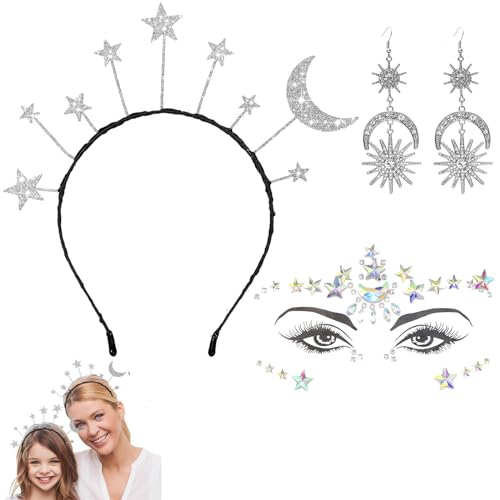 Karneval Faschingsfeier Haarreif Sterne Mond Sonne Silber Gesichtstattoo, Astronaut Kostüm Damen Space Stirnband Glitzer Haarschmuck Für Karneval Halloween Cosplay Maskerade Geburtstag Kostümparty (C) von Sunwuun