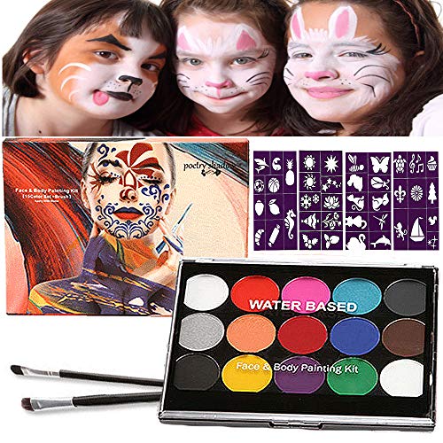 Halloween Kinderschminke Set, Face Paint Body Paint für Kinder und Erwachsene mit 15 Farben Schminkpalette, 2 Berufs Pinsel, 40 Tattoo-Vorlagen von Sunwuun
