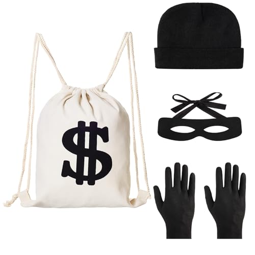 Panzerknacker Bankräuber Kostüm Damen Herren Und Kinder Set, Dieb Verbrecher Kostüm Con Goldmünzprägung, Augenmaske, Dollar Geldsack, Kappe, Handschuhe Für Karneval, Einbruch Mottoparty (4 Stück) Panzerknacker Bankräuber Kostüm Damen Herren Und Kinder Set, Dieb Verbrecher Kostüm Con Goldmünzprägung, Augenmaske, Dollar Geldsack, Kappe, Handschuhe Für Karneval, Einbruch Mottoparty (4 Stück) von Sunwuun