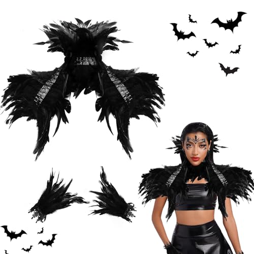 Schwarzer Federumhang mit Feder-Manschetten Maleficent Kostüm Damen,Victorian Gothic Federset Flügel Kostüm,Federrock Pfau Kostüm für Damen,Halloween Maskerade Cosplay Kostüm Schwarzer Federumhang mit Feder-Manschetten Maleficent Kostüm Damen,Victorian Gothic Federset Flügel Kostüm,Federrock Pfau Kostüm für Damen,Halloween Maskerade Cosplay Kostüm von Sunwuun