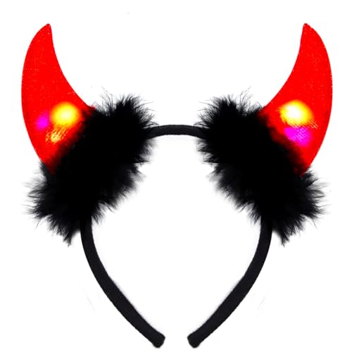 Sunwuun Karneval Halloween Deko Teufelshörner mit LED,Teufel Hörner Leuchtend Haarschmuck Haarreifen Männer Damen Kinder,Karneval Halloween Cosplay Party Teufel Kostüm Zubehör von Sunwuun