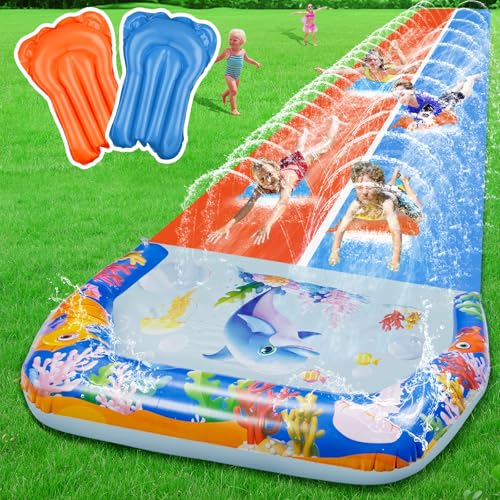 Doppelwasserrutsche mit 2 Bodyboards, extra lange Rasenwasserrutschen für Kinder und Erwachsene, strapazierfähig, riesiges Outdoor-Wasserrutschspielzeug mit Crash-Pad für Garten-Sommer-Party von Suonncudst
