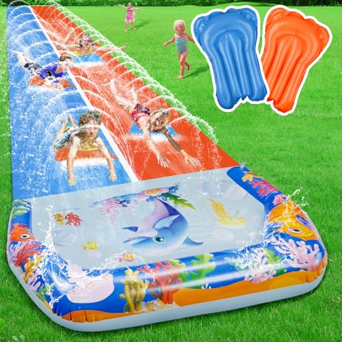 Doppelwasserrutsche mit 2 Bodyboards, extra lange Rasenwasserrutschen für Kinder und Erwachsene, strapazierfähig, riesiges Outdoor-Wasserrutschspielzeug mit Crash-Pad für Garten-Sommer-Party von Suonncudst