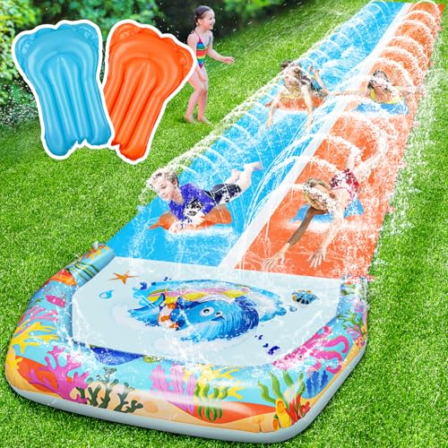 Doppelwasserrutsche mit 2 Bodyboards, extra lange Rasenwasserrutschen für Kinder und Erwachsene, strapazierfähig, riesiges Outdoor-Wasserrutschspielzeug mit Crash-Pad für Garten-Sommer-Party von Suonncudst