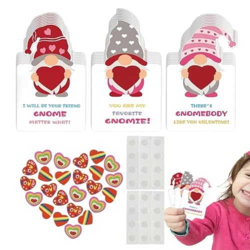 Suoumwa Valentinstagskarten mit Gnomen, 24 X Valentinstags-Austauschkarten mit -Radiergummis, Valentinstags-Grußkarten für Kinder von Suoumwa