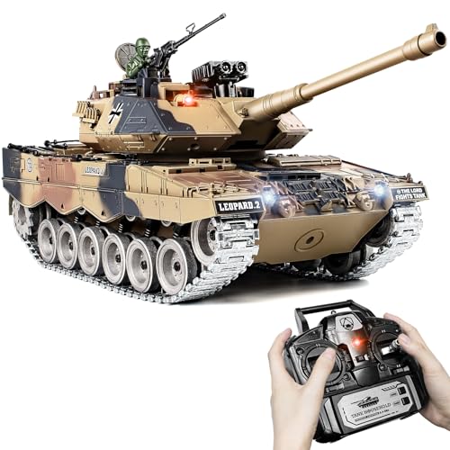 1:18 RC Panzer Leopard II, 2.4GHz Ferngesteuert Panzer mit Schussfunktion, WW2 Militär Panzer, Ferngesteuertes Militärfahrzeug mit Metallketten, Rauch, Licht, Sound, Erdiges Gelb für Kinder Erwachsene von Supdex