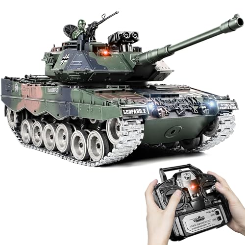 1:18 RC Panzer Leopard II, 2.4GHz Panzer Ferngesteuert mit Schussfunktion, WW2 Militär Panzer, Ferngesteuertes Militärfahrzeug mit Metallketten, Rauch, Licht, Sound, für Kinder Erwachsene von Supdex