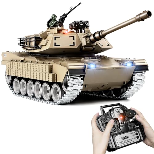1:18 RC Panzer M1A2 Abrams, 2.4GHz Ferngesteuert Panzer mit Schussfunktion, Ferngesteuertes Militärfahrzeug mit Metallketten, WW2 Militär Panzer Modell, Rauch, Licht, Sound, für Kinder ab 6 von Supdex