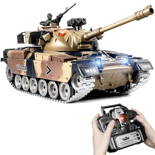 1:18 RC Panzer M60, 2.4GHz Ferngesteuert Panzer mit Schussfunktion, WW2 Militär Panzer Erdiges Gelb, Ferngesteuertes Militärfahrzeug mit Metallketten, Rauch, Licht, Sound, für Kinder ab 6 von Supdex