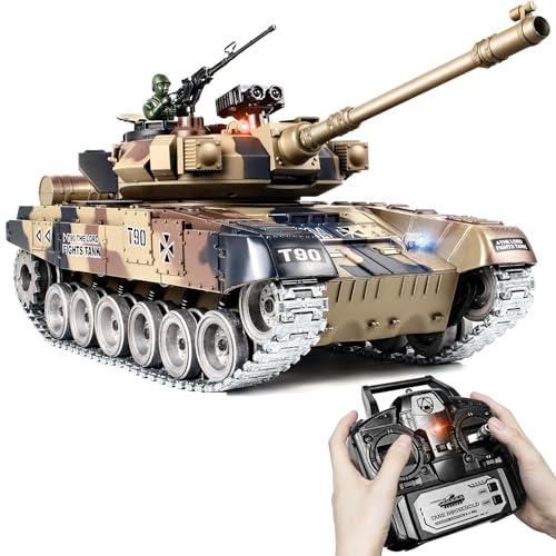 1:18 RC Panzer T90, 2.4GHz Panzer Ferngesteuert mit Schussfunktion, WW2 Militär Panzer, Ferngesteuertes Militärfahrzeug mit Metallketten, Rauch, Licht, Sound, Armee Spielzeug für Kinder Erwachsene von Supdex