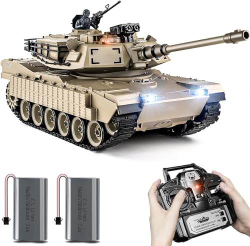 RC Panzer 1/18 USA M1A2 Abrams, 2.4GHz Panzer Ferngesteuert mit Schussfunktion, WW2 Panzer Modell, Kampfpanzer mit Rauch, Panzer Spielzeug mit Licht und Sound für Erwachsene und Kinder von Supdex