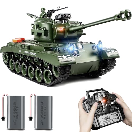 RC Panzer 1:18 US M26 Armeegrün, 2.4GHz Panzer Ferngesteuert mit Schussfunktion, WW2 Panzer Modell der Airsoft-BBS und Wasserbomben, Panzer Spielzeug mit Licht und Sound für Erwachsene und Kinder von Supdex