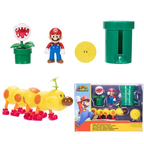 Nintendo Super Mario Soda Dschungel-Diorama enthält 3 Figuren und 2 Zubehörteile: 6,3 cm Mario, Wiggler, Piranha-Pflanze, Warp-Pfeife, Münze. Ab 3 Jahren (offiziell lizenziert) von Super Mario
