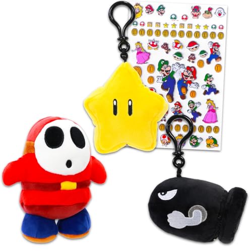 Super Mario Plushies-Set – Paket mit 3 Nintendo-Plüschtieren, einschließlich Bullet Bill Schlüsselanhänger, Sterntaschenclip, Shy Guy Plushie plus Aufklebern, Super Mario Stofftiere für Kinder, Jungen Super Mario Plushies-Set – Paket mit 3 Nintendo-Plüschtieren, einschließlich Bullet Bill Schlüsselanhänger, Sterntaschenclip, Shy Guy Plushie plus Aufklebern, Super Mario Stofftiere für Kinder, Jungen von Super Mario