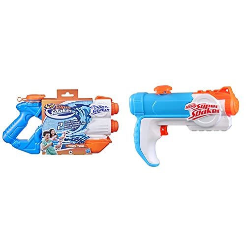 Super Soaker Twin Tide Wasserpistole doppelter Spritzpower Pump-Funktion großer 1,4L Wassertank einfaches Auffüllen & E2769EU50 Hasbro Super Soaker SUPERSOAKER E2769EU5 Piranha, Mehrfarbig von Super Soaker