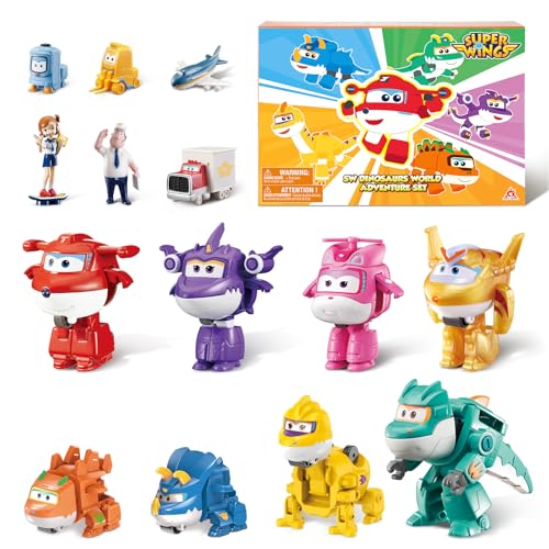 Super Wings Transforming Kinderspielzeug 14 Pack, 2-Zoll-Flugzeug-Spielzeug mit Roboter-Spielzeug 4pcs, Dinosaurier-Spielzeug 4pcs mit Pokeable Surprise-Geschenkbox für Jungen und Mädchen ab 3 Jahren von Super Wings