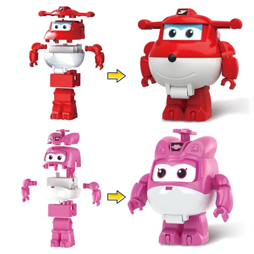 Super Wings 2 in 1 Transformable Spielzeug, Bauklötze Flugzeug & Roboter Transforming Spielzeug mit Jett & Dizzy. Block-Transformator-Spielzeug für Kinder Jungen Mädchen 3 4 5 6 7 8 9 10 Jahre alt von Super Wings