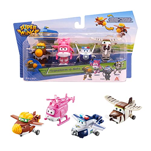 Super Wings EU720040B - Transform-a-Bots Todd, Dizzy, Paul & Bello, ca. 5 cm große Spiel-Figuren für Kinder, verwandelbare Spielzeug-Flugzeuge und Roboterfiguren von Super Wings