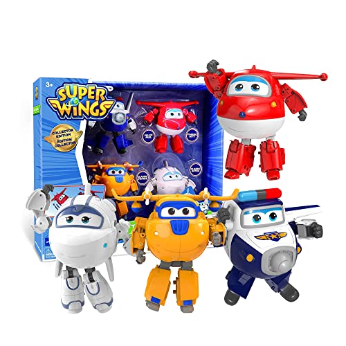 Super Wings EU730206 Transformator-Set X4 – Flugzeuge Figuren Transformable Roboter Cartoon Spielzeug Kinder ab 3 Jahren – 12 cm, blau gelb weiß rot, One Size von Super Wings