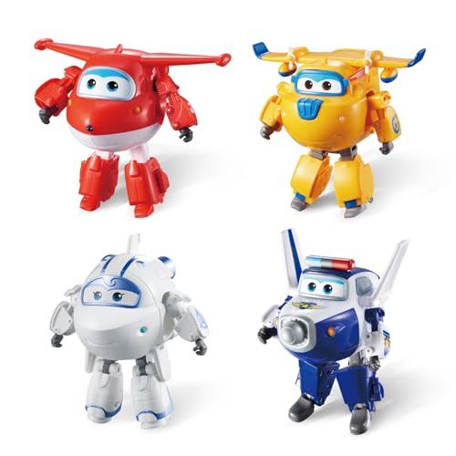 Super Wings EU730206 Transformator-Set X4 – Flugzeuge Figuren Transformable Roboter Cartoon Spielzeug Kinder ab 3 Jahren – 12 cm, blau gelb weiß rot, One Size von Super Wings