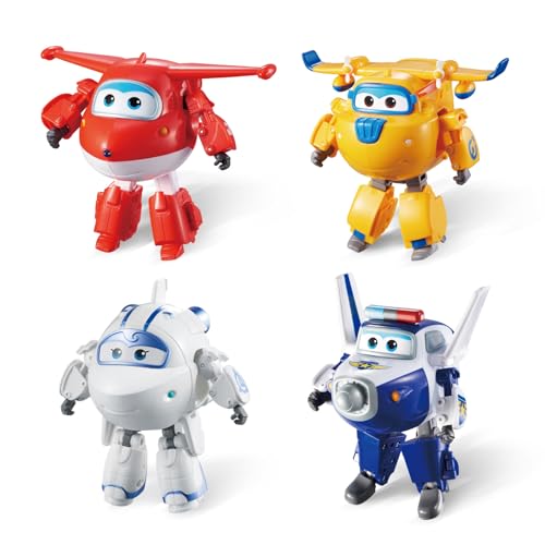Super Wings Transforming-Set x4 Spielflugzeug und Roboterfigur Verwandelbare Figur und Roboter aus der Zeichentrickserie Spielzeug für Kinder ab 3 Jahren - 12 cm, Blau Gelb Weiß Rot von Super Wings