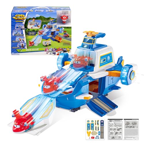 Super Wings EU740831 - Weltflugzeugträger-Set, Flugstation mit Düsenflugzeug Jett, verwandelbar von Flugzeug zu Roboter, Spielzeug für Kinder ab 3 Jahren von Super Wings