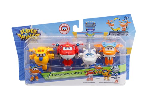 Super Wings EU750040A Supercharged Donnie Jett Astra & Sunny Transform-a-Bots 4 Pack Toys for 3+ Year Old Boys Girls, Multicolored, 2“ von Super Wings