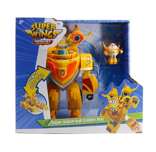 Super Wings EU770352 - Super Robot Suit Golden Boy, ca. 18 cm große verwandelbare Spiel-Figur, 2-in-1 Roboter Anzug und Super Auto, für Kinder ab 3 Jahren von Super Wings