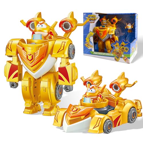 Super Wings EU770352 - Super Robot Suit Golden Boy, ca. 18 cm große verwandelbare Spiel-Figur, 2-in-1 Roboter Anzug und Super Auto, für Kinder ab 3 Jahren von Super Wings