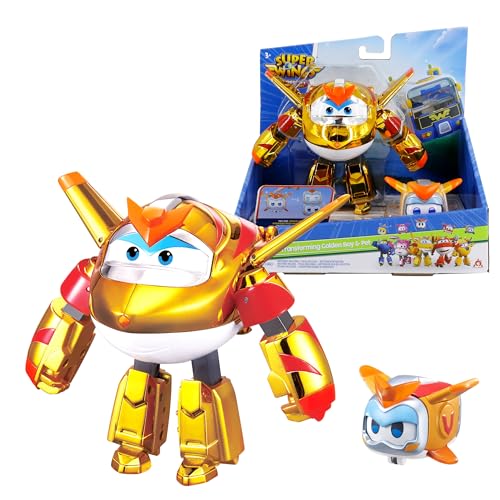 Super Wings EU770441 - Transforming Golden Boy & Pet, ca. 12 cm große verwandelbare Spiel-Figur mit ca. 4,3 cm großem Haustier, für Kinder ab 3 Jahren von Super Wings